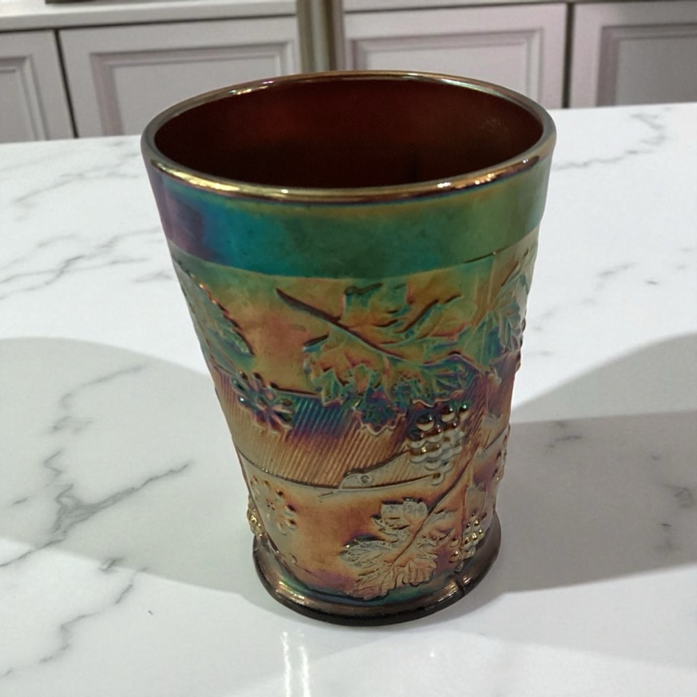 Antique Dugan Floral & Grape Carnival Glass 4" Tumbler ~Iridescent Amethyst